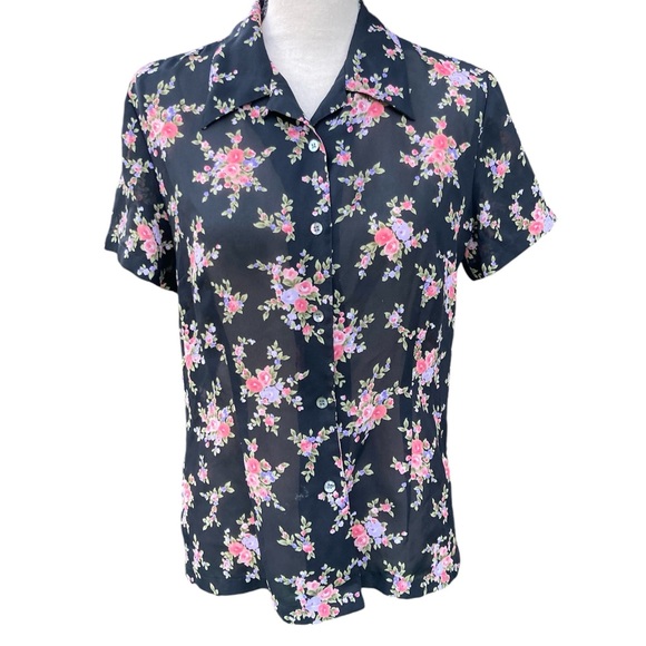 Emma James Black Pink Floral Semi Sheer Short Sleeve Button Up Shirt S - Picture 2 of 6